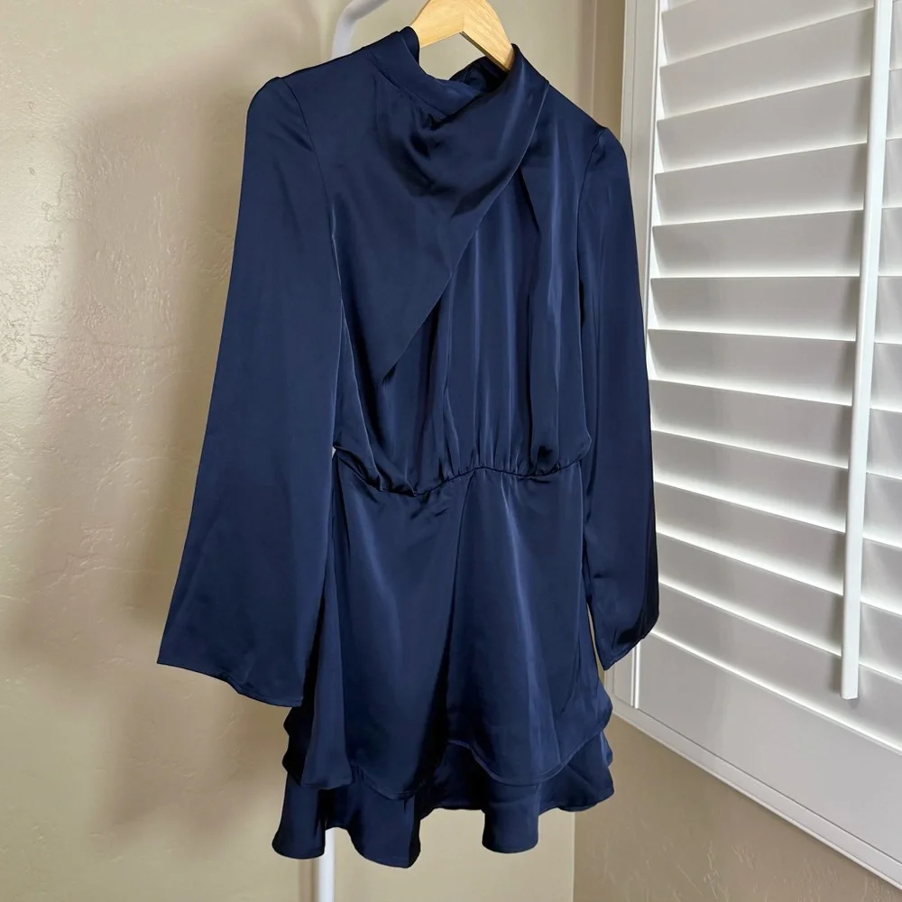 Commense Navy Satin Cross Neck Tiered Mini Dress  Cocktail Party Medium NWT - Picture 5 of 9